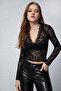 Women's Black Lace Transparent V-Neck Crop Blouse