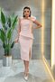 Double Fabric Single Sleeve Rose Detail Pencil Dress - POWDER PINK