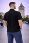 Men's Large Size Short Sleeve Black Polo Printed T-Shirt - 5