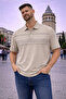 Men's Large Size Short Sleeve Beige Polo Printed T-Shirt