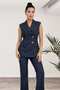 Premium Denim Suit Set - Navy Blue Sleeveless Blazer Trousers Set with Gold Detail 36038