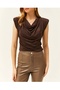 Women's Brown Degaje Collar Padded Bluz - 2