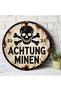 Round 20X20CM 2D Flat - Vintage "ACHTUNG MINEN" Skeleton & Crossbones Metal Sign - 19.99cm Aluminum - 8