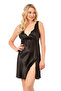 Women's Satin Rose Embroidered Slit Detail Nightgown and Robe Set |   Black 7810 - 2