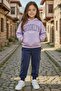Girl's 3-Yarn Lilac Tracksuit with Brooklyn Text Print on the Chest and Kangaroo Pocket - 3