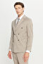 Slim Fit Tapered Fit Swallow Collar Striped Double Breasted Beige Suit with Flap Pockets