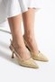 LISA Women's Gold Pointed Toe 7 cm Heeled Floral Lace Patterned Patent Leather Slingback Shoes - 5