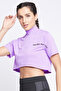 Comfort Fit Text Print Turtleneck Active Crop Top in Lilac - 3