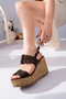 Shay Model Genuine Leather Brown Knitted Detail with Buckle and Wedge Heel Women's Sandals - 3