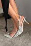 Women's Siena Silver Printed 7 cm Heeled Pointed Toe Open Back Strap Shoes - 3