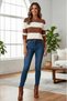 Women's Gray Ecru Striped Knit Sweater – Crew Neck, Long Sleeve