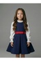 Girl's Navy Blue Flared Dress with White Long Sleeves and Red Belt Detail Stylish Design