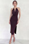 Women's Accessory Detailed Collar Slit Midi Dress Brown, Black