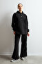Women's Black Soft Sweatshirt Set with Embellished Snap Detail - 2