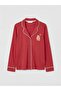 Burgundy Shirt Collar Teddy Bear Printed Women's Pajama Set (S6) - 2