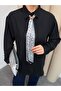 Textured Shirt with Collar Accessories and Scarf Detail 9003 - Black - 2