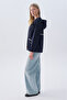 Women's Navy Blue Embroidered Hooded Raincoat - 3