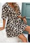 Women's Leopard Print Mini Dress - Double Breasted Collar Short Sleeve Single Jersey Dress with Bow Detail - 3