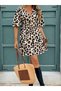 Women's Leopard Print Mini Dress - Double Breasted Collar Short Sleeve Single Jersey Dress with Bow Detail - 4