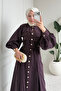 Liva Tansel Fabric Front Buttoned Belted Hijab Dress - Plum - 2