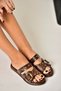 Y390450703 Brown Genuine Leather Women's Slippers with Staple Detail - 4