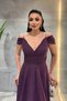 Glitter Fabric Boat Neck Evening Dress - Patlican Purple - 3