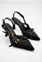 Women's Special Design Black Satin Metal Buckle Accessory Upholstered Pointed Toe Thin Heeled Shoes