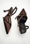Women's Special Design Brown Satin Metal Buckle Accessory Upholstered Pointed Toe Thin Heeled Shoes - 3