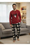 Men's Burgundy Black Combination Long Sleeve Fleece Plush Winter Warm Pajama Set