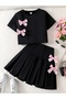 Butterfly Detailed Girls' 2-Piece T-Shirt Pleated Skirt Set