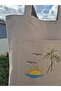 Sunset/Palm Embroidered Detailed Cloth Tote Shoulder Bag - 4