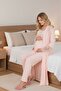 New Season Pink Lace Short Sleeve Design Buttoned Maternity Long Dressing Gown Pajama Set - 4