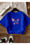 Women's Oversize Fuchsia Butterfly Beam Printed Cobalt Blue T-Shirt