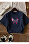 Women's Oversize Fuchsia Butterfly Beam Printed Navy Blue T-Shirt