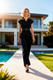 Women's Double-Breasted Collar Short Sleeve Woven Fabric Plain Pattern Maxi Jumpsuit Wide Leg Straight Fit Long Length