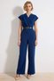 Women's Double-Breasted Collar Short Sleeve Woven Fabric Plain Pattern Maxi Jumpsuit Wide Leg Straight Fit Long Length - 5