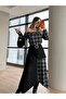 Black Suede Detailed Belted Madonna Collar Asymmetrical Plaid Design Dress 7682 - 3