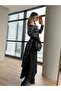 Black Suede Detailed Belted Madonna Collar Asymmetrical Plaid Design Dress 7682 - 4