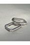 Baguette Stone Geometric Steel Hoop Earrings - Silver Baguette Geo-Hoops - 2