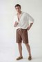Men's Brown Lightweight Casual Linen Muslin Shorts with Double Cuffs and Back Pockets - 2