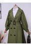 Belted Balloon Sleeve Trench Coat - Khaki - 2