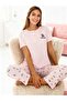 Pink Color Teddy Bear Themed Short Sleeve Crew Neck Women's Pajama Set - 2