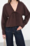 Women's Bitter Brown V-Neck Lace-Up Front Loose Long Sleeve Blouse - 5