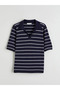 Navy Blue Polo Neck Striped Women's Knitwear Sweater - 4