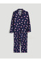 Navy Blue Shirt Collar Printed Women's Pajama Set - 4