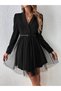 Women's Long Sleeve Collared Mini Tulle Imported Crepe Dress with Belt Detail at the Waist - 4