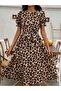 Women's Short Sleeve Collared Leopard Printed Belted Waist Midi Single Jersey Dress - 5