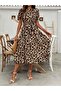 Women's Short Sleeve Collared Leopard Printed Belted Waist Midi Single Jersey Dress - 4