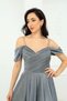Glittery Crepe Ruched Long Evening Dress with Straps - Silver - 7