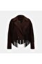 Women's Dark Brown Collared Short Suede Jacket with Tassel Detail - 2